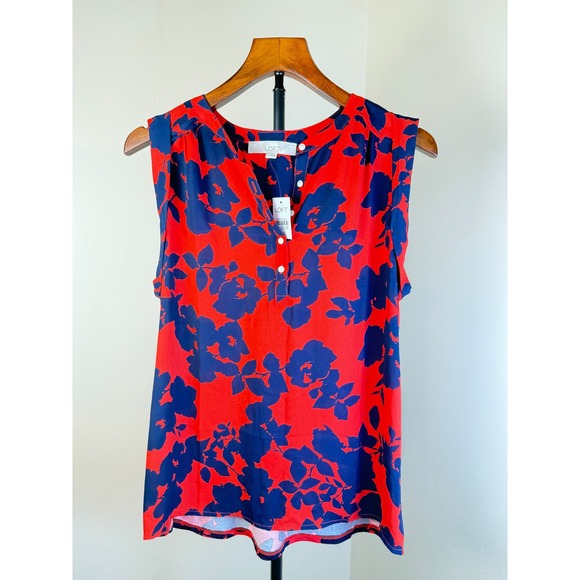 LOFT Tops - Loft Women Tunic Blouse XS NEW Red Blue Sheer Relax Fit Sleeveless Spring Summer